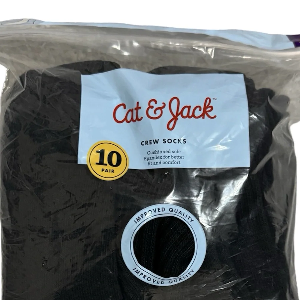 Cat & Jack Socks Boys Black Crew Socks Size 9-2.5, NWT
